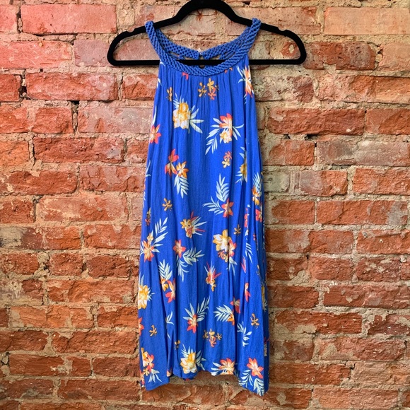 Tropical blue dress with interesting neckline - Picture 1 of 3